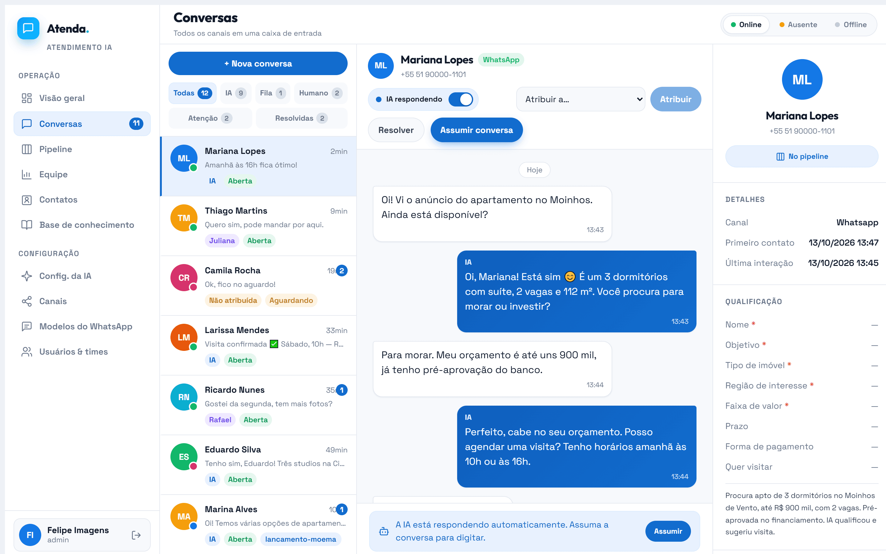 Caixa de entrada do Atendaai: conversas de WhatsApp e Instagram, IA respondendo um cliente e painel de qualificação do contato