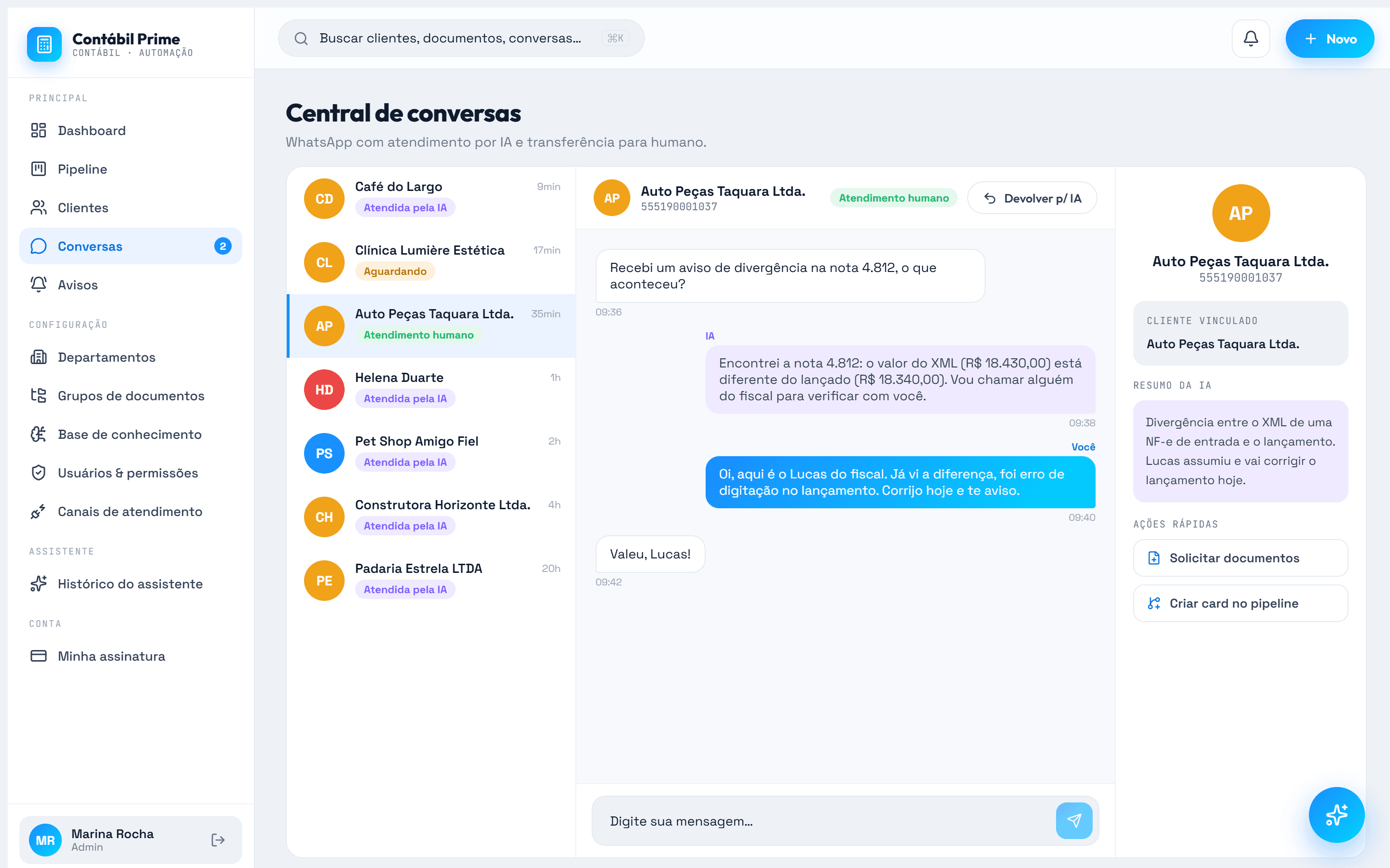 Central de conversas do Contábil Prime: atendimento no WhatsApp pela IA, transferência para humano, resumo da IA e ações rápidas